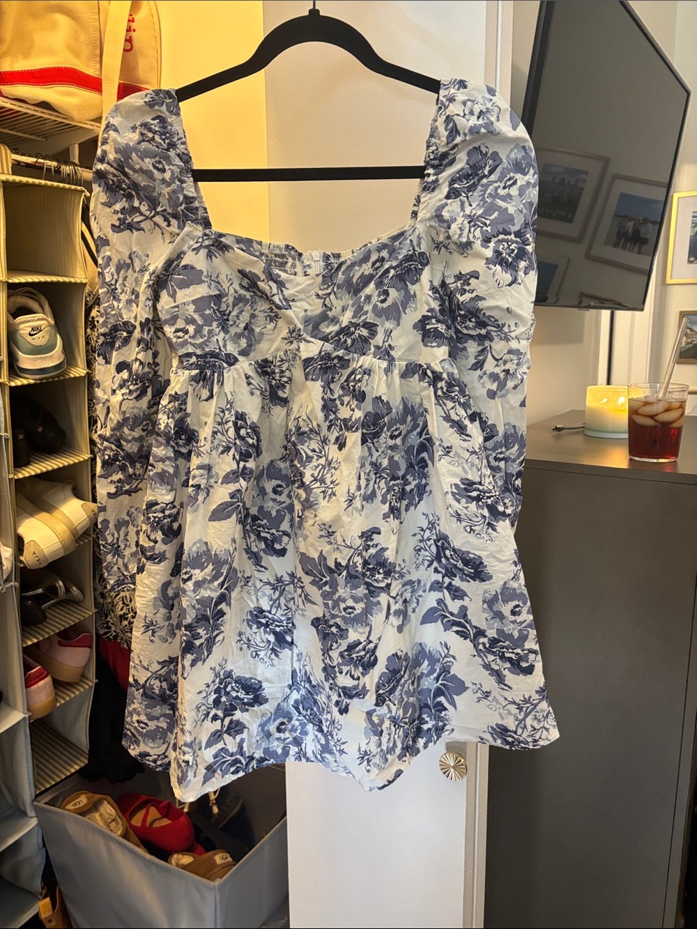 Blue Floral Square-Neck Women's Blouse